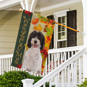 KafePross - Welcome Fall Labradoodle Playing in the Maple Leaf Autumn Garden House Flag