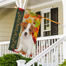 Load image into Gallery viewer, KafePross - Welcome Fall Jack Russell Terrier Playing in the Maple Leaf Autumn Garden House Flag
