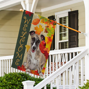 KafePross - Welcome Fall WhipPet Playing in the Maple Leaf Autumn Garden House Flag