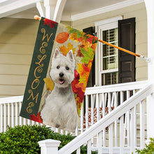 Load image into Gallery viewer, KafePross - Welcome Fall West Highland White Terrier Westie Playing in the Maple Leaf Autumn Garden House Flag
