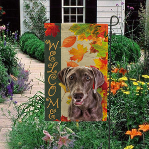 KafePross - Welcome Fall Weimaraner Dog Playing in the Maple Leaf Autumn Garden House Flag