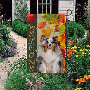 KafePross - Welcome Fall Sheltie Playing in the Maple Leaf Autumn Garden House Flag