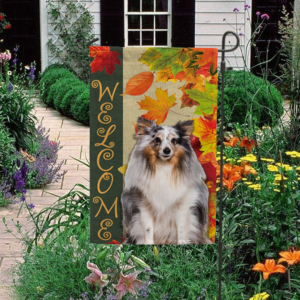 KafePross - Welcome Fall Sheltie Playing in the Maple Leaf Autumn Garden House Flag