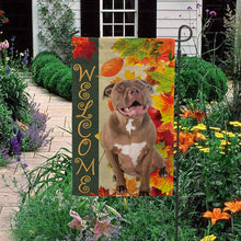 Load image into Gallery viewer, KafePross - Welcome Fall Pitbull Playing in the Maple Leaf Autumn Garden House Flag
