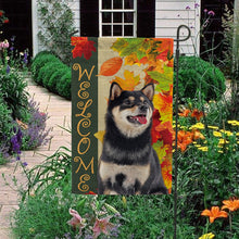 Load image into Gallery viewer, KafePross - Welcome Fall Shiba Inu Playing in the Maple Leaf Autumn Garden House Flag
