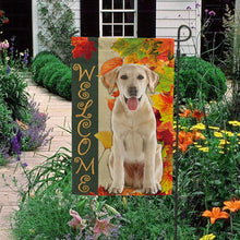 Load image into Gallery viewer, KafePross - Welcome Fall Labrador Playing in the Maple Leaf Autumn Garden House Flag
