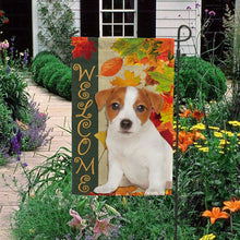 Load image into Gallery viewer, KafePross - Welcome Fall Jack Russell Terrier Playing in the Maple Leaf Autumn Garden House Flag
