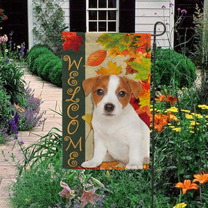 KafePross - Welcome Fall Jack Russell Terrier Playing in the Maple Leaf Autumn Garden House Flag