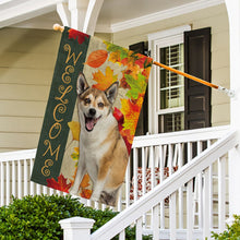 Load image into Gallery viewer, KafePross - Welcome Fall Norwegian Lundehund Playing in the Maple Leaf Autumn Garden House Flag
