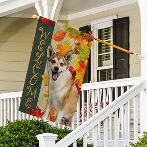 KafePross - Welcome Fall Norwegian Lundehund Playing in the Maple Leaf Autumn Garden House Flag