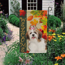 Load image into Gallery viewer, KafePross - Welcome Fall Shih Tzu Playing in the Maple Leaf Autumn Garden House Flag
