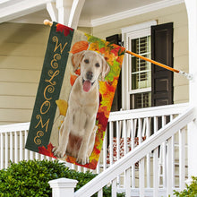 Load image into Gallery viewer, KafePross - Welcome Fall Labrador Playing in the Maple Leaf Autumn Garden House Flag
