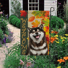 Load image into Gallery viewer, KafePross - Welcome Fall Shiba Inu Playing in the Maple Leaf Autumn Garden House Flag
