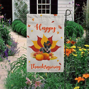 KafePross - Happy Thanksgiving Day Blue Heeler Pumpkin Maple Leaf Fall Give Thanks Dog Garden House Flag