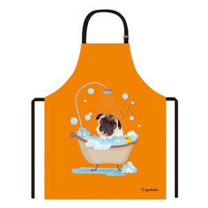 Cute Dog Apron Pug Taking Shower in a Bathtub