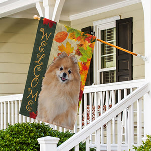 KafePross - Welcome Fall Pomeranian Playing in the Maple Leaf Autumn Garden House Flag