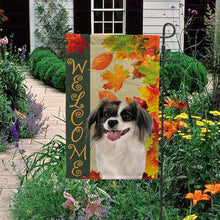 Load image into Gallery viewer, KafePross - Welcome Fall Phalene Papillon Dog Playing in the Maple Leaf Autumn Garden House Flag
