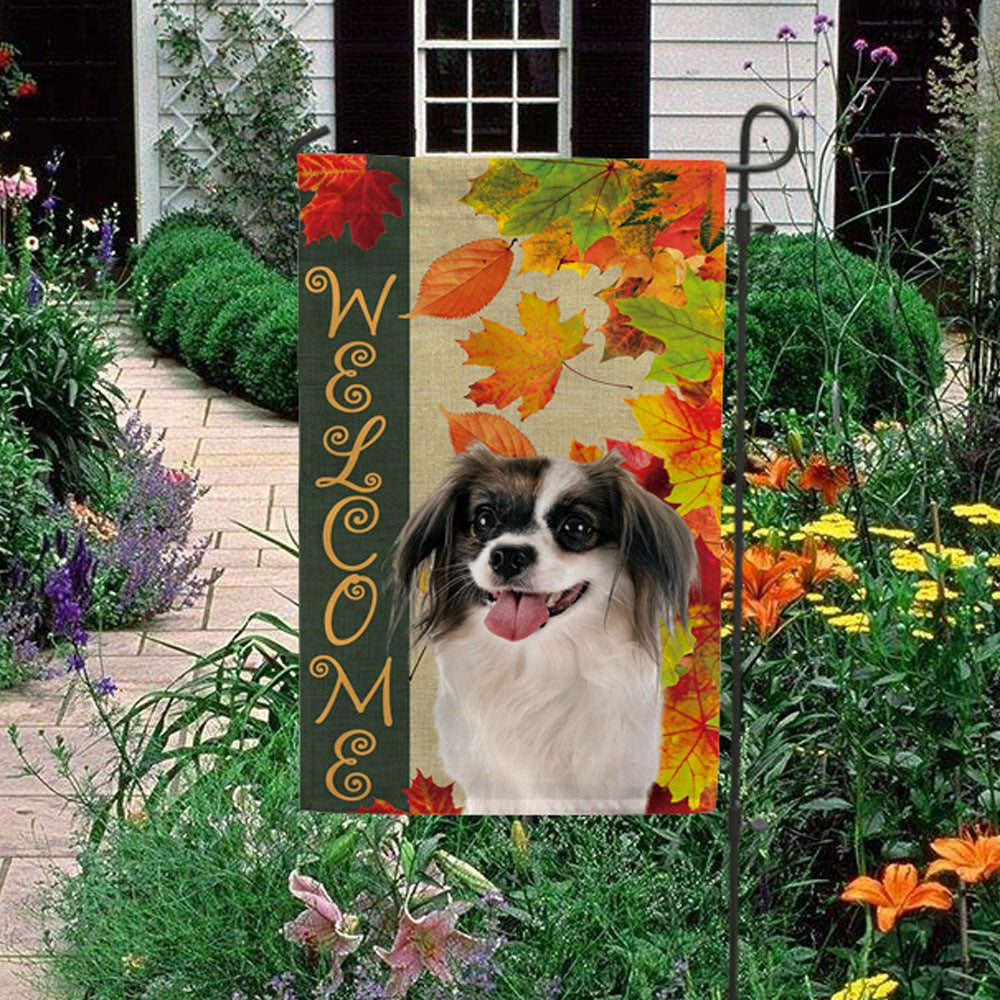 KafePross - Welcome Fall Phalene Papillon Dog Playing in the Maple Leaf Autumn Garden House Flag