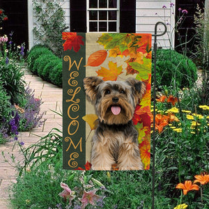 KafePross - Welcome Fall Yorkshire Terrier Yorkie Playing in the Maple Leaf Autumn Garden House Flag