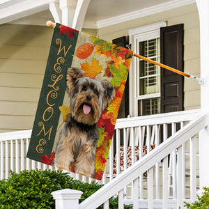 KafePross - Welcome Fall Yorkshire Terrier Yorkie Playing in the Maple Leaf Autumn Garden House Flag