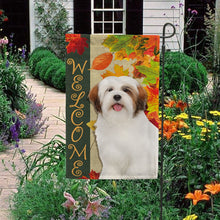 Load image into Gallery viewer, KafePross - Welcome Fall Lhasa Apso Playing in the Maple Leaf Autumn Garden House Flag
