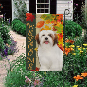 KafePross - Welcome Fall Lhasa Apso Playing in the Maple Leaf Autumn Garden House Flag