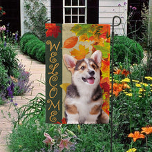 Load image into Gallery viewer, KafePross - Welcome Fall Welsh Corgi Pembroke Playing in the Maple Leaf Autumn Garden House Flag
