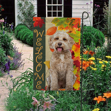 Load image into Gallery viewer, KafePross - Welcome Fall Labradoodle Playing in the Maple Leaf Autumn Garden House Flag
