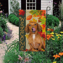 Load image into Gallery viewer, KafePross - Welcome Fall Dachshund Playing in the Maple Leaf Autumn Garden House Flag
