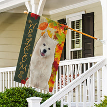 Load image into Gallery viewer, KafePross - Welcome Fall Samoyed Playing in the Maple Leaf Autumn Garden House Flag
