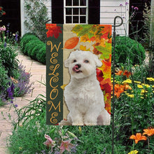 Load image into Gallery viewer, KafePross - Welcome Fall Maltese Playing in the Maple Leaf Autumn Garden House Flag
