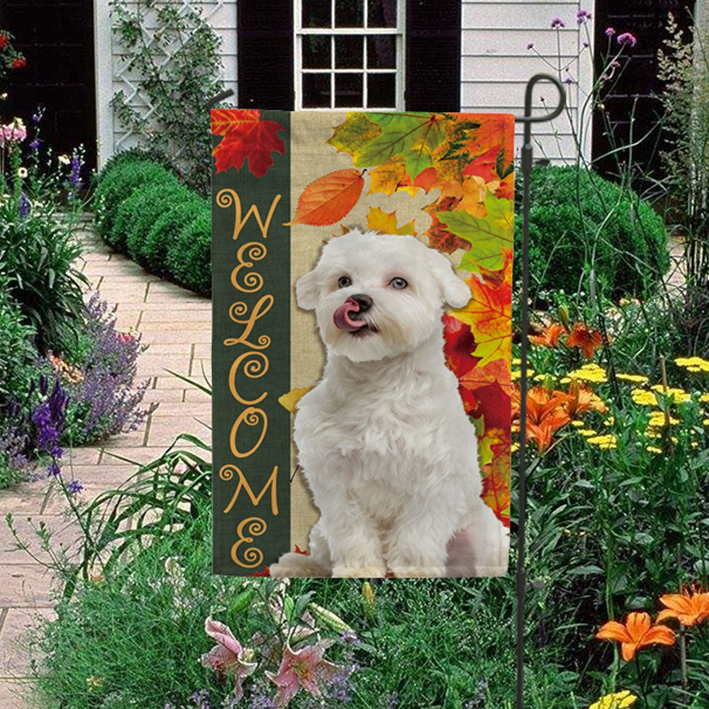 KafePross - Welcome Fall Maltese Playing in the Maple Leaf Autumn Garden House Flag