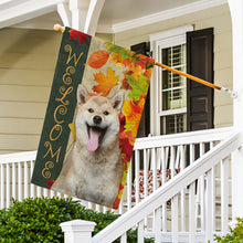 Load image into Gallery viewer, KafePross - Welcome Fall Shiba Inu Playing in the Maple Leaf Autumn Garden House Flag
