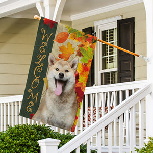 KafePross - Welcome Fall Shiba Inu Playing in the Maple Leaf Autumn Garden House Flag