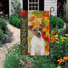 Load image into Gallery viewer, KafePross - Welcome Fall Jack Russell Terrier Playing in the Maple Leaf Autumn Garden House Flag
