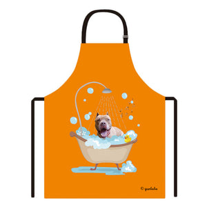 Cute Dog Apron Pitbull Taking Shower in a Bathtub