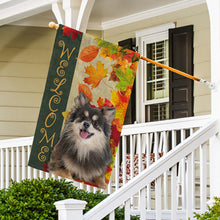 Load image into Gallery viewer, KafePross - Welcome Fall Pomeranian Playing in the Maple Leaf Autumn Garden House Flag
