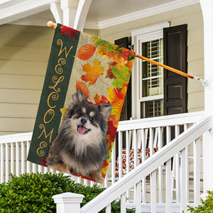 KafePross - Welcome Fall Pomeranian Playing in the Maple Leaf Autumn Garden House Flag