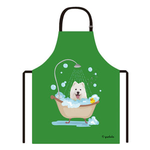 Cute Dog Apron Samoyed Taking Shower in a Bathtub