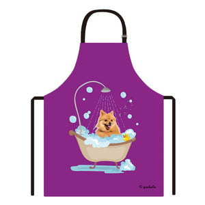 Cute Dog Apron Keeshond Taking Shower in a Bathtub