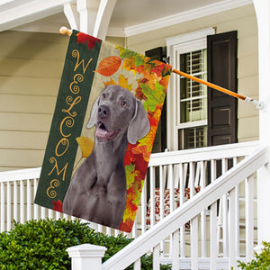 KafePross - Welcome Fall Weimaraner Dog Playing in the Maple Leaf Autumn Garden House Flag