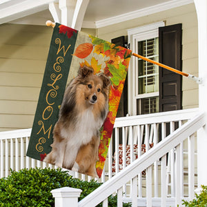 KafePross - Welcome Fall Shetland Sheepdog Playing in the Maple Leaf Autumn Garden House Flag