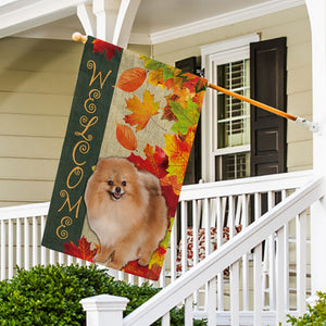 KafePross - Welcome Fall Spitz Dog Playing in the Maple Leaf Autumn Garden House Flag