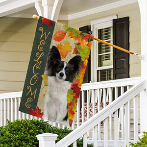 KafePross - Welcome Fall Papillon Playing in the Maple Leaf Autumn Garden House Flag