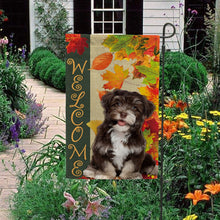 Load image into Gallery viewer, KafePross - Welcome Fall Havanese Playing in the Maple Leaf Autumn Garden House Flag
