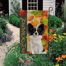 Load image into Gallery viewer, KafePross - Welcome Fall Papillon Playing in the Maple Leaf Autumn Garden House Flag
