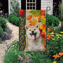 Load image into Gallery viewer, KafePross - Welcome Fall Shiba Inu Playing in the Maple Leaf Autumn Garden House Flag
