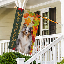 Load image into Gallery viewer, KafePross - Welcome Fall Sheltie Playing in the Maple Leaf Autumn Garden House Flag
