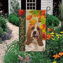 Load image into Gallery viewer, KafePross - Welcome Fall Basset Hound Playing in the Maple Leaf Autumn Garden House Flag
