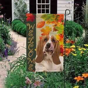 KafePross - Welcome Fall Basset Hound Playing in the Maple Leaf Autumn Garden House Flag